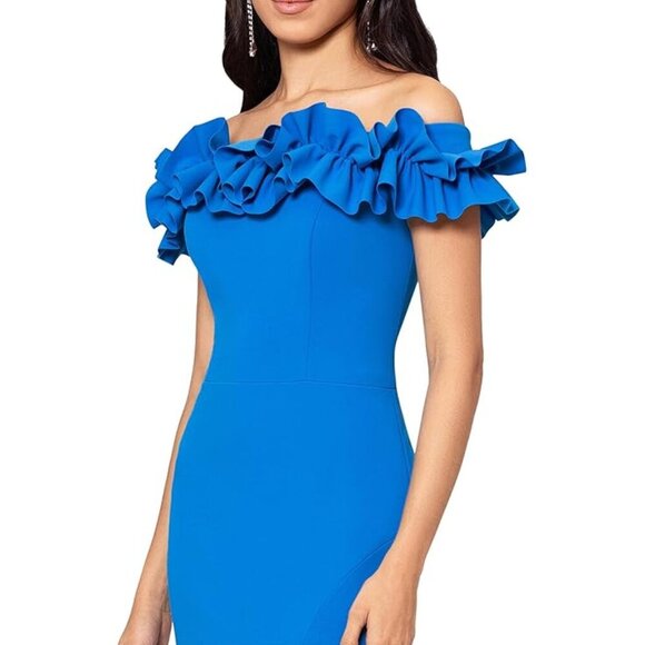 Xscape Turquoise Blue Off the Shoulder Ruffle Crepe Trumpet Gown - Picture 3 of 3